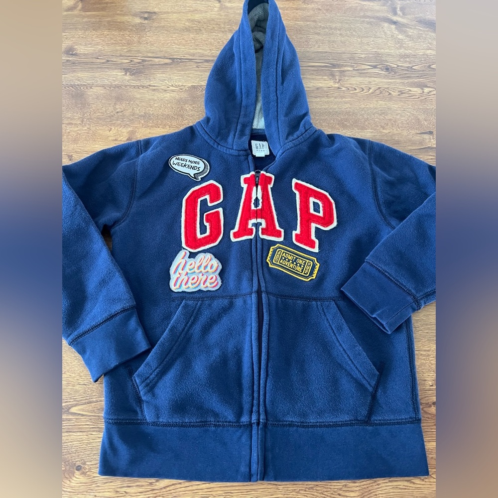 GAP Kids navy zip hoodie with patches size 8